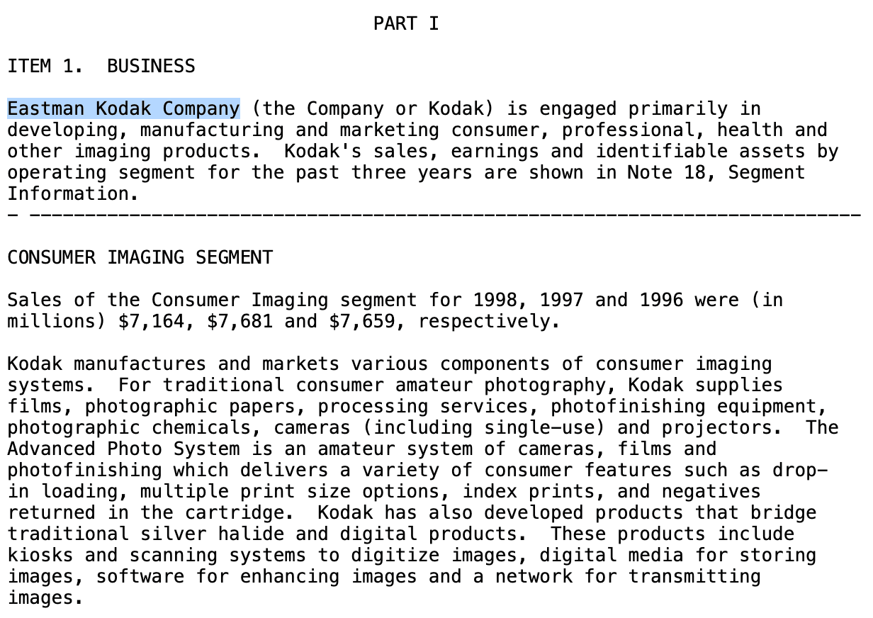 1990年代のKodakの有価証券報告書(10-K)。このような資料は米国証券取引委員会の Web サイト sec.gov で確認することができる